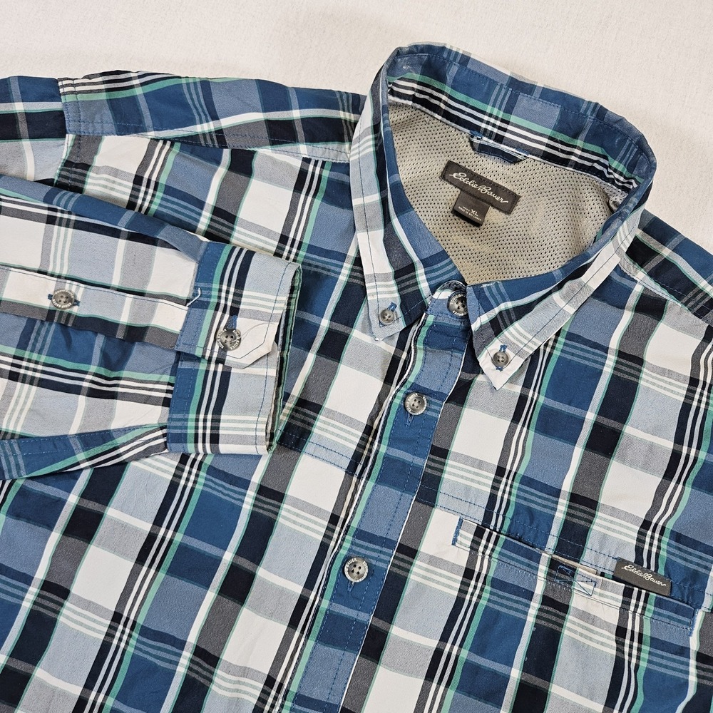 Eddie Bauer Shirt Men XL Blue Plaid Long Sleeve Quick Dry Mesh Pocket Hike Fish